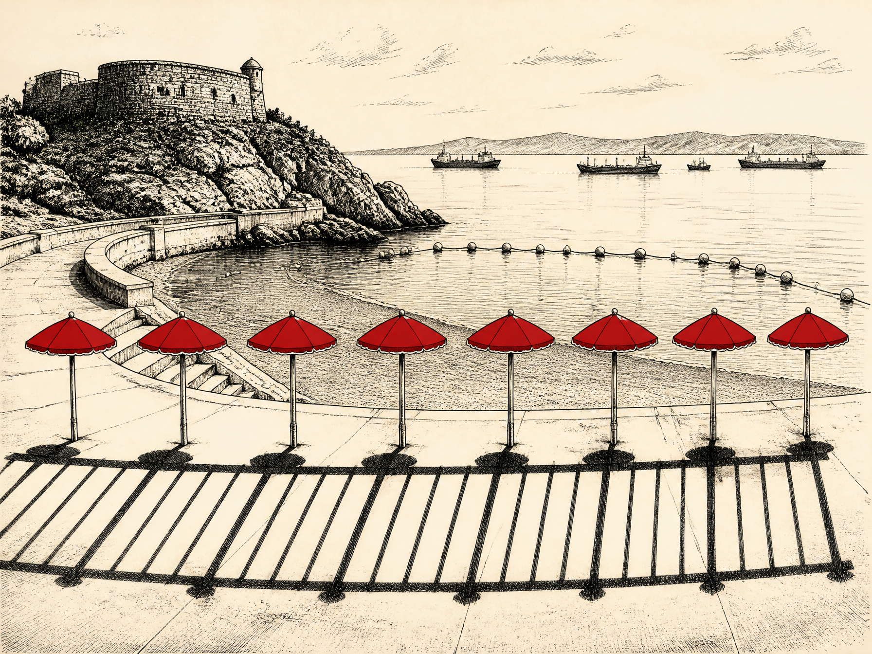 A row of identical beach umbrellas planted across the concrete terrace at Camp Bay, Gibraltar, their long shadows merging into the silhouette of a border fence.